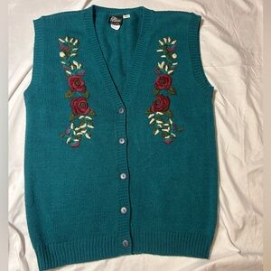 Vintage Pyke Limited Granny Core Embroidered Teal Sweater Vest Sz Medium